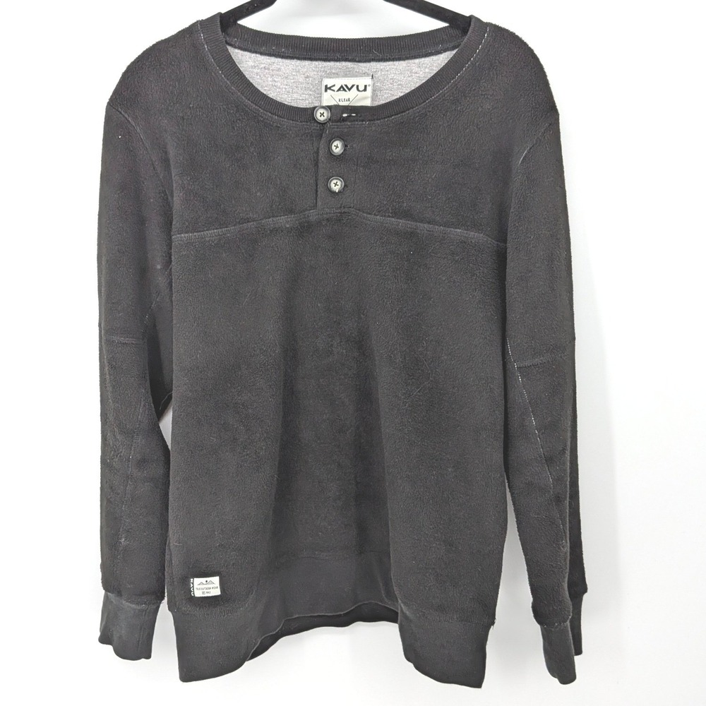 KAVU Fleece Henley Pullover Mens Medium Black Outdoor Gorpcore Sweatshirt